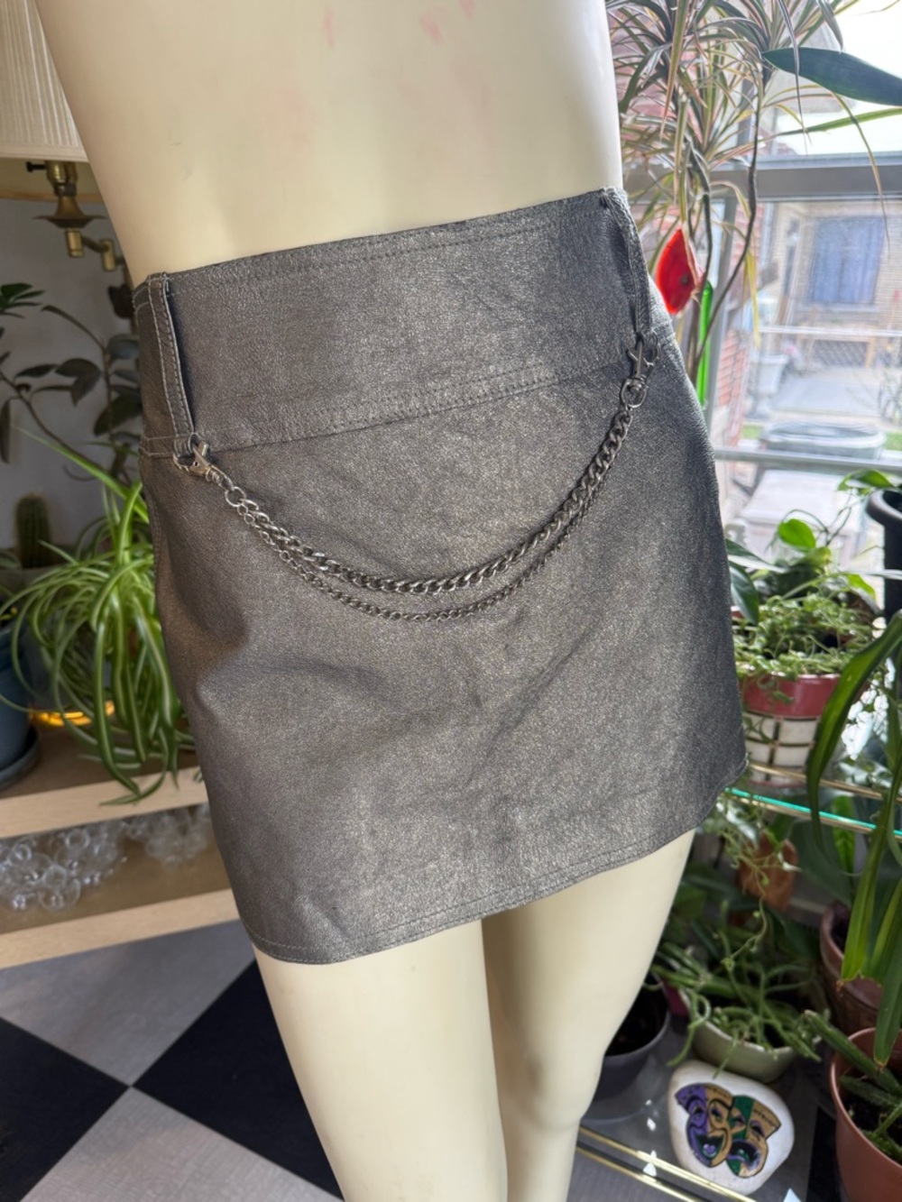 Y2K Bebe Metallic Silver Mini Skirt with Chain Detail Indie festival
